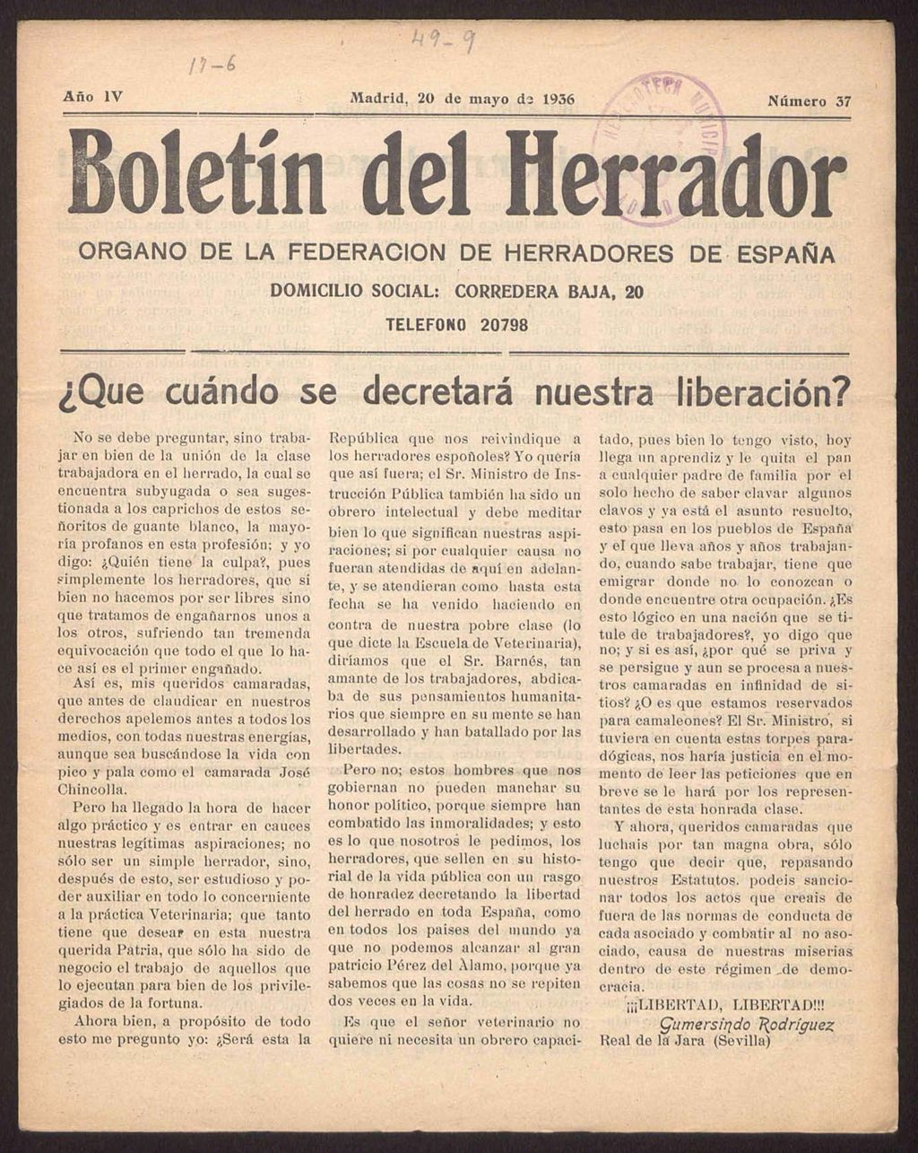 Miniatura de Boletín del Herrador : órgano de la Federación de Herradores de España del 20 de mayo de 1936, nº 37