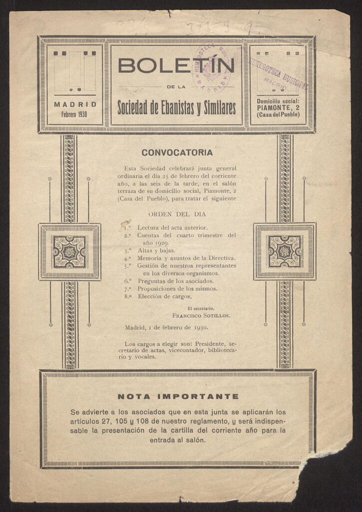 Miniatura de Boletín de la Sociedad de Ebanistas y Similares, febrero de 1930