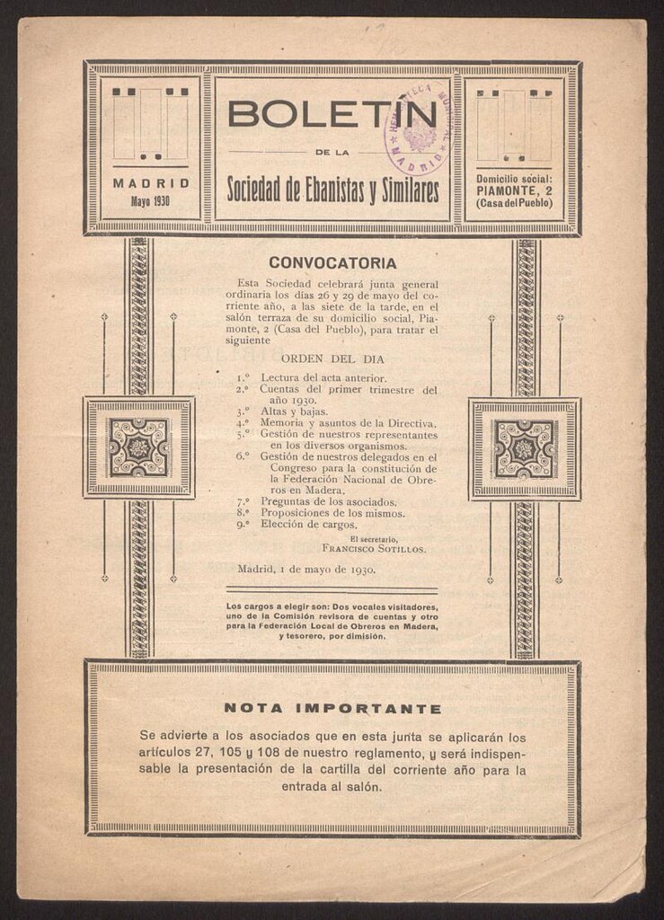 Miniatura de Boletín de la Sociedad de Ebanistas y Similares, mayo de 1930