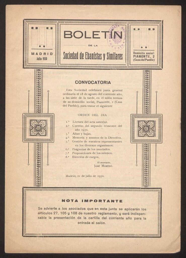 Miniatura de Boletín de la Sociedad de Ebanistas y Similares, julio de 1930