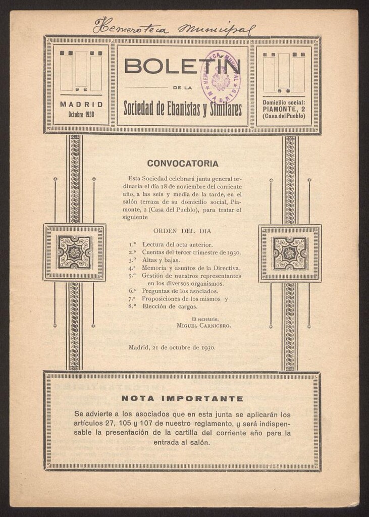 Miniatura de Boletín de la Sociedad de Ebanistas y Similares, octubre de 1930