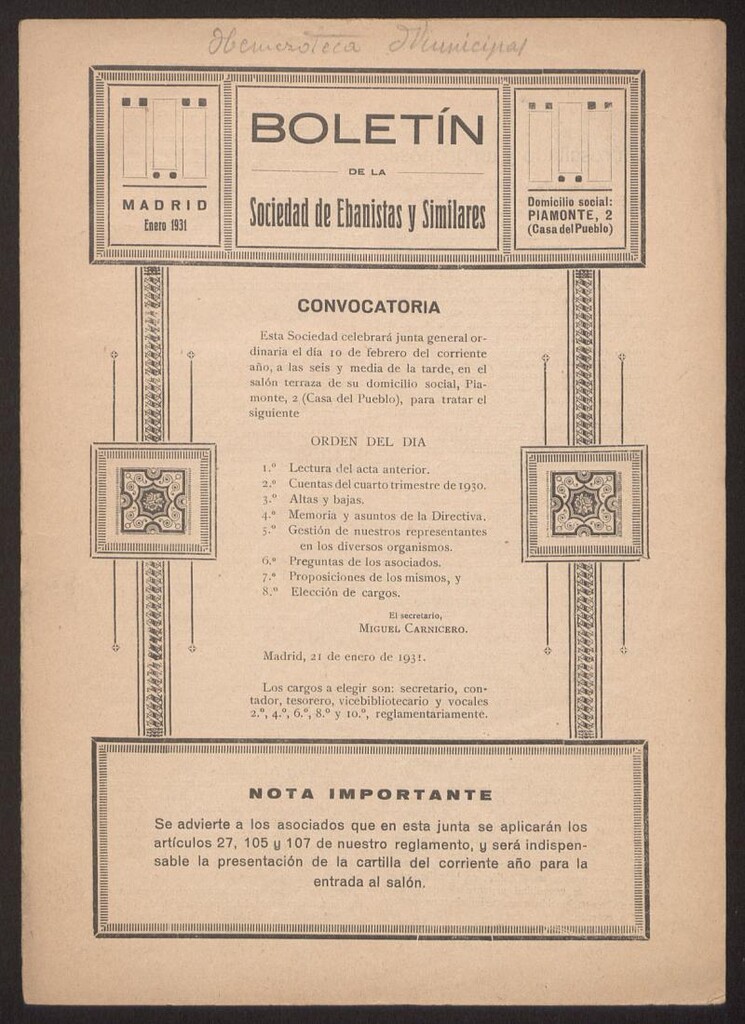 Miniatura de Boletín de la Sociedad de Ebanistas y Similares, enero de 1931