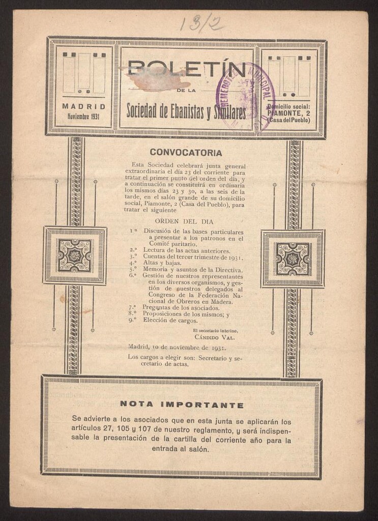 Miniatura de Boletín de la Sociedad de Ebanistas y Similares, noviembre de 1931