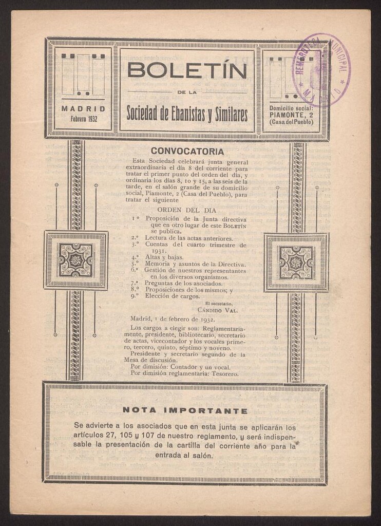 Miniatura de Boletín de la Sociedad de Ebanistas y Similares, febrero de 1932