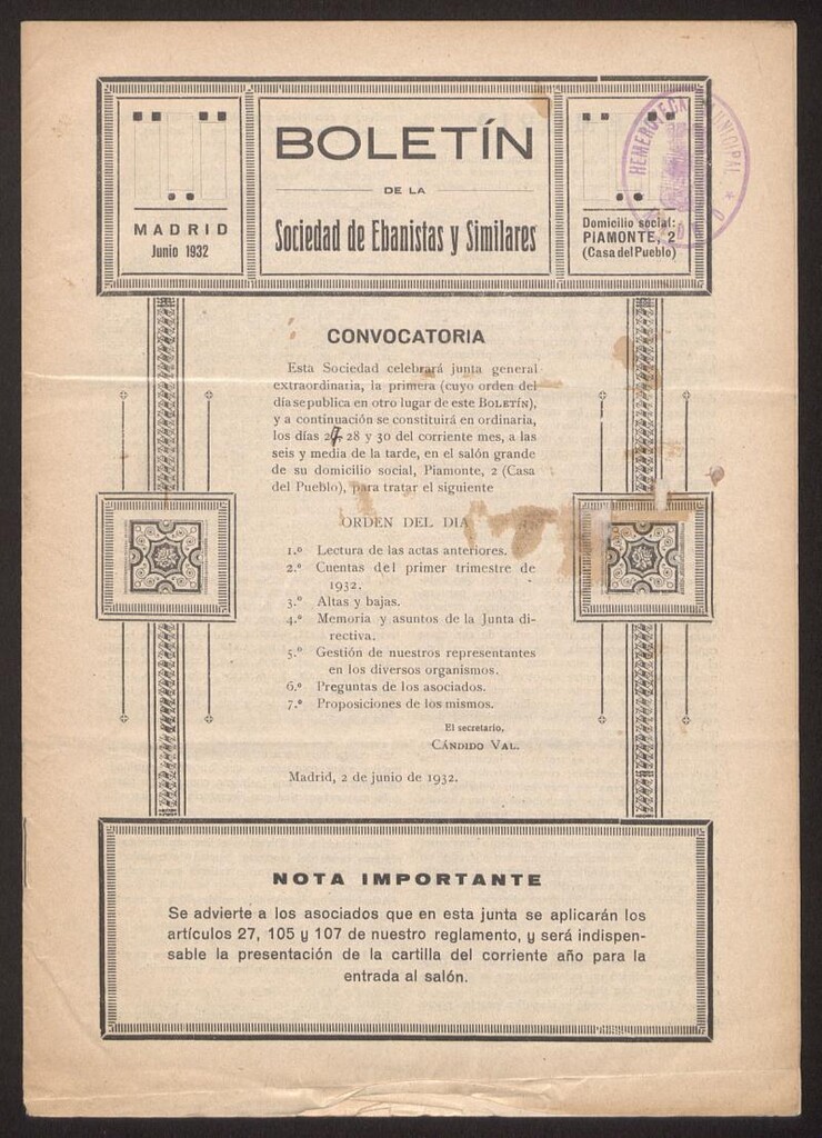 Miniatura de Boletín de la Sociedad de Ebanistas y Similares, junio de 1932