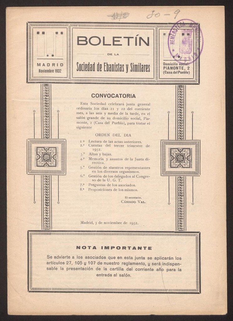 Miniatura de Boletín de la Sociedad de Ebanistas y Similares, noviembre de 1932