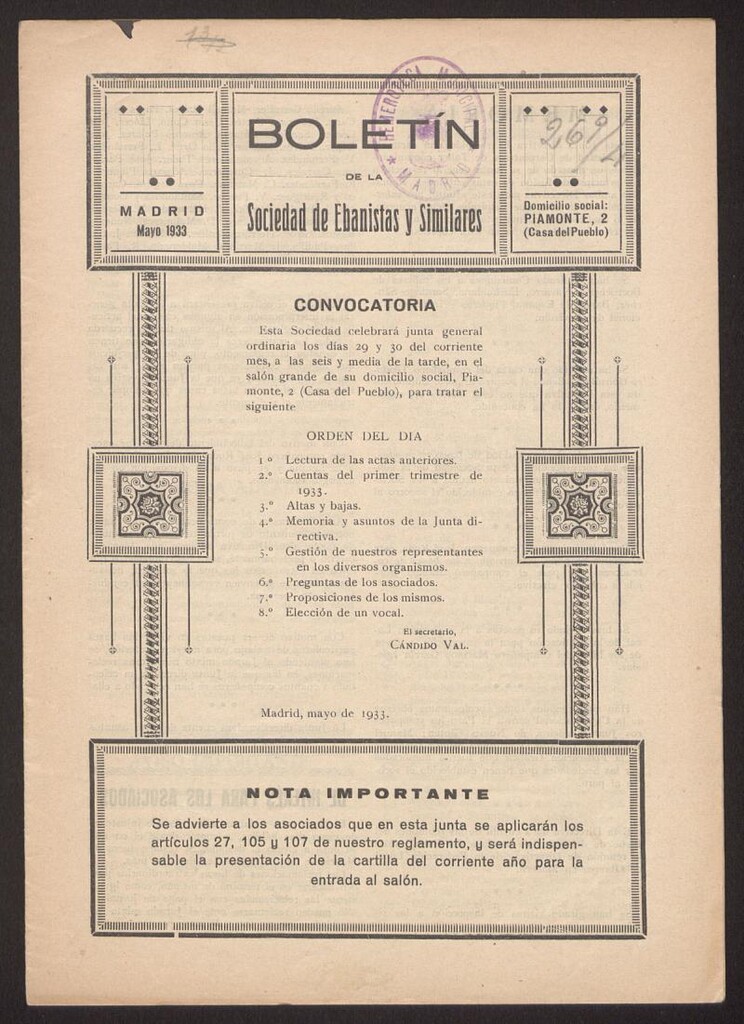 Miniatura de Boletín de la Sociedad de Ebanistas y Similares, mayo de 1933