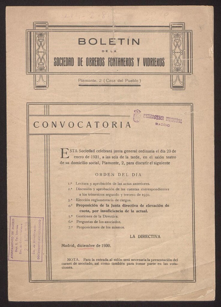 Miniatura de Boletin de la Sociedad de Obreros, Fontaneros y Vidrieros. Diciembre de 1930