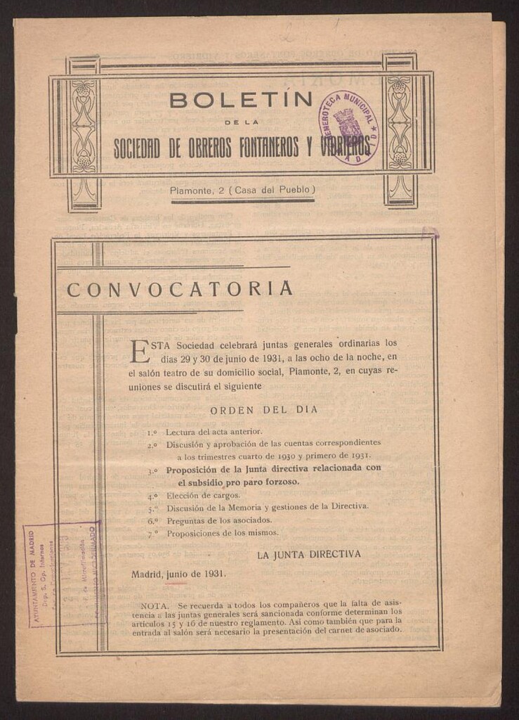 Miniatura de Boletin de la Sociedad de Obreros, Fontaneros y Vidrieros. Junio de 1931