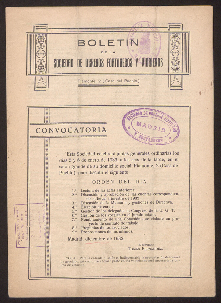 Miniatura de Boletin de la Sociedad de Obreros, Fontaneros y Vidrieros. Diciembre de 1932