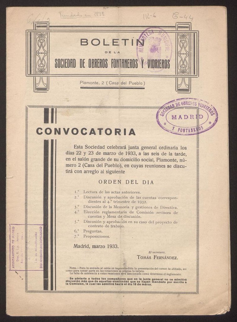 Miniatura de Boletin de la Sociedad de Obreros, Fontaneros y Vidrieros. Marzo de 1933