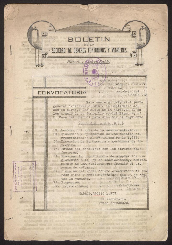 Miniatura de Boletin de la Sociedad de Obreros, Fontaneros y Vidrieros. Agosto de 1933