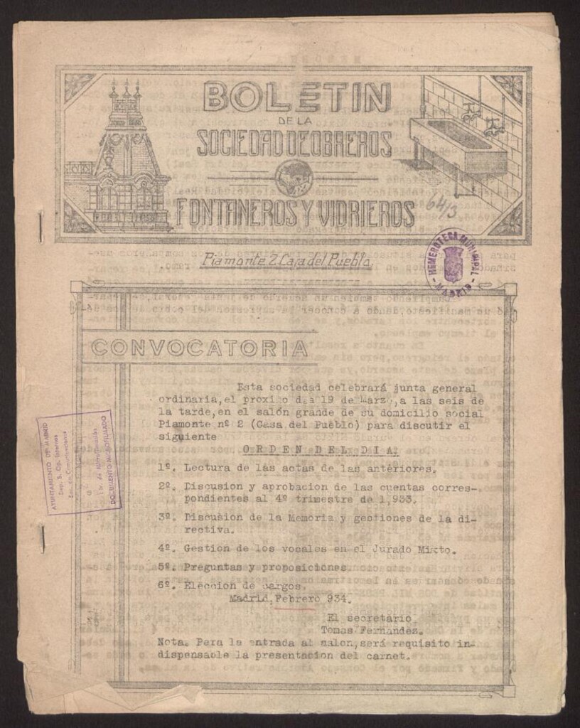 Miniatura de Boletin de la Sociedad de Obreros, Fontaneros y Vidrieros. Febrero de 1934