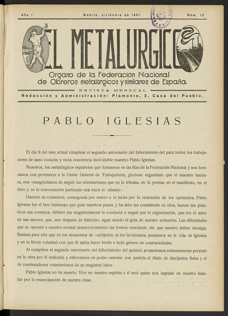 Miniatura de El Metalúrgico de diciembre de 1927, nº 12