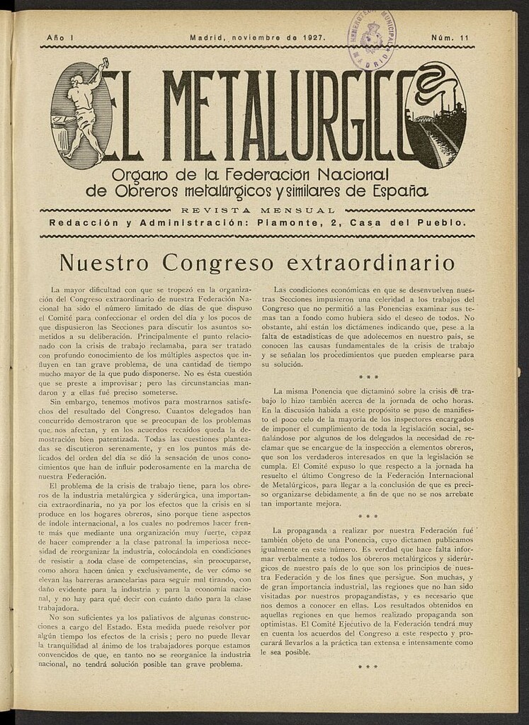 Miniatura de El Metalúrgico de noviembre de 1927, nº 11