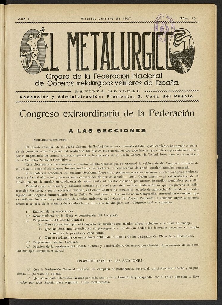 Miniatura de El Metalúrgico de octubre de 1927, nº 10