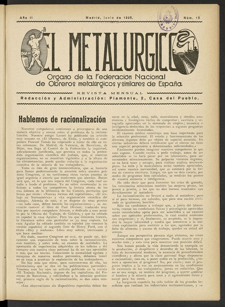 Miniatura de El Metalúrgico de Junio de 1928, nº 18