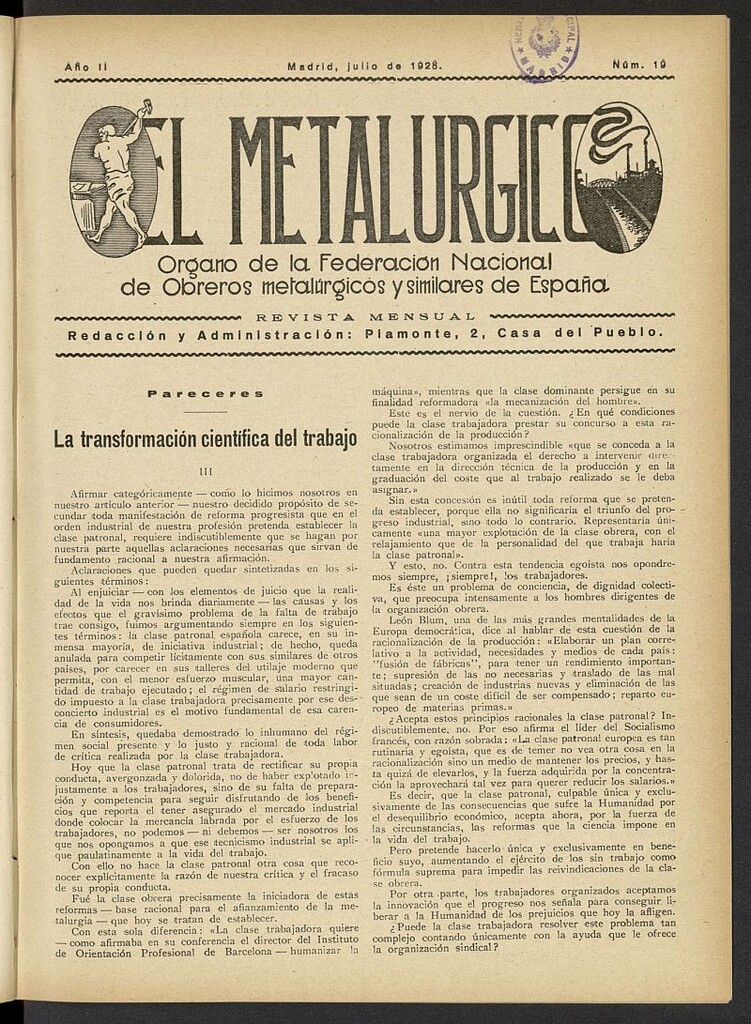 Miniatura de El Metalúrgico de julio de 1928, nº 19