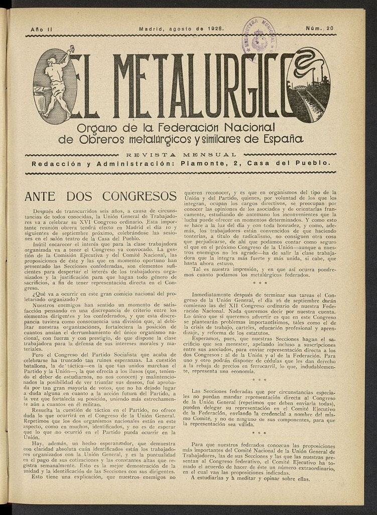 Miniatura de El Metalúrgico de agosto de 1928, nº 20
