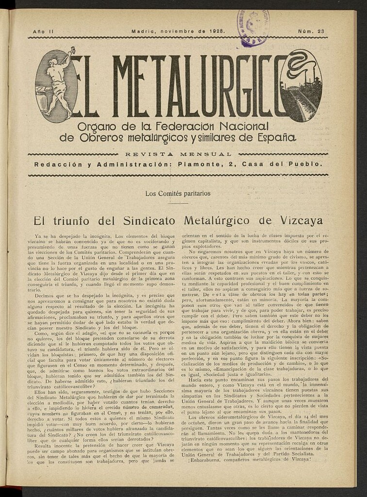 Miniatura de El Metalúrgico de noviembre de 1928, nº 23