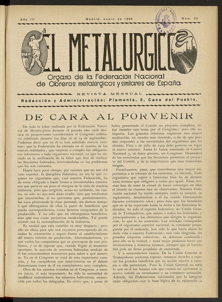 Miniatura de El Metalúrgico de enero de 1929, nº 25