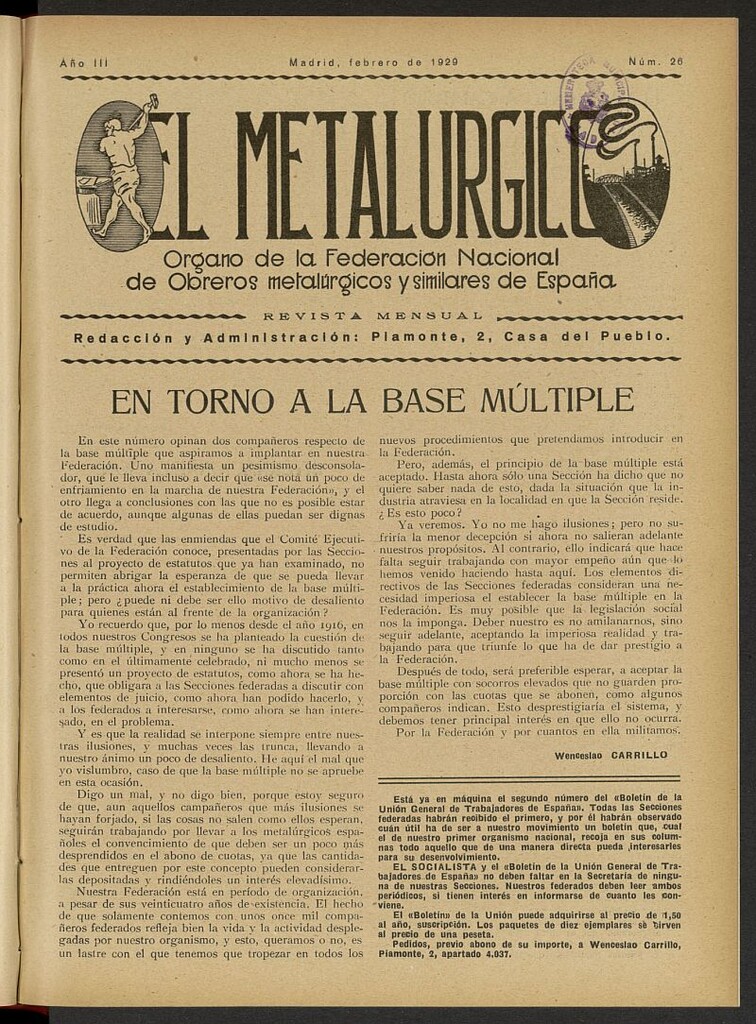 Miniatura de El Metalúrgico de febrero de 1929, nº 26