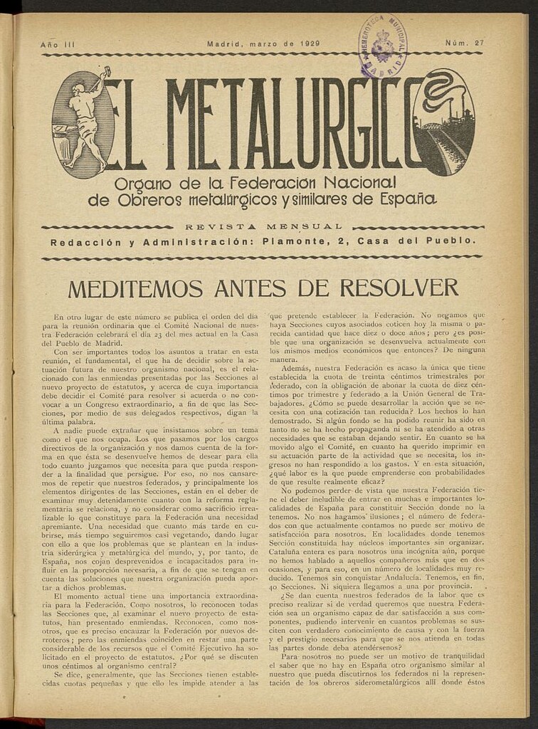 Miniatura de El Metalúrgico de marzo de 1929, nº 27