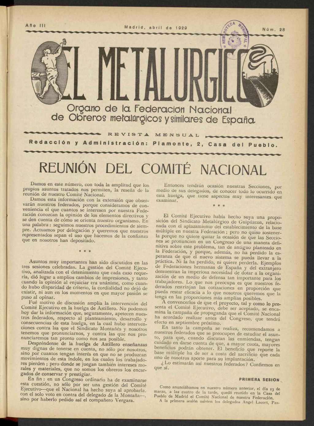 Miniatura de El Metalúrgico de abril de 1929, nº 28