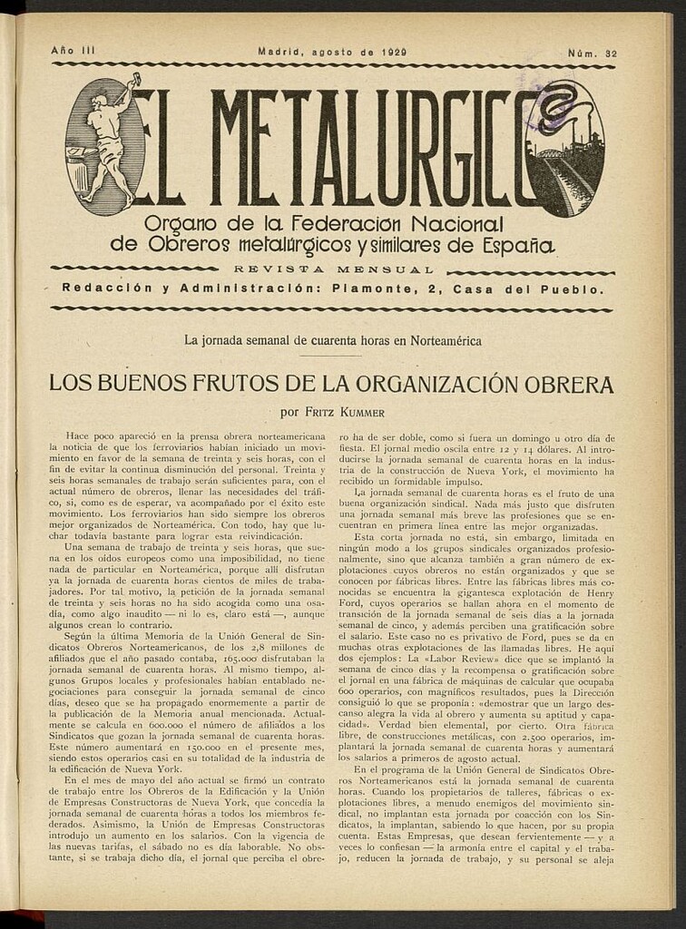 Miniatura de El Metalúrgico de agosto de 1929, nº 32