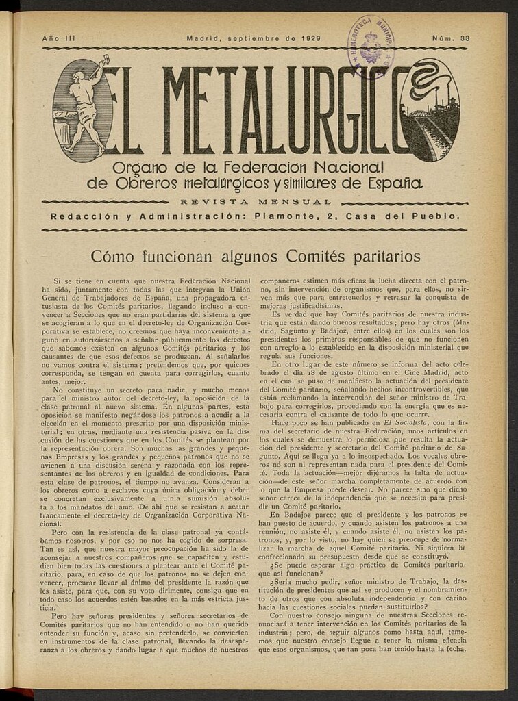 Miniatura de El Metalúrgico de septiembre de 1929, nº 33