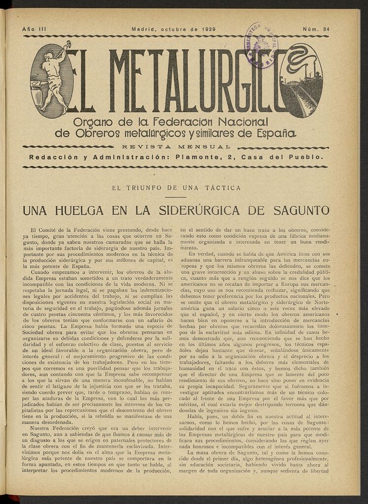 Miniatura de El Metalúrgico de octubre de 1929, nº 34