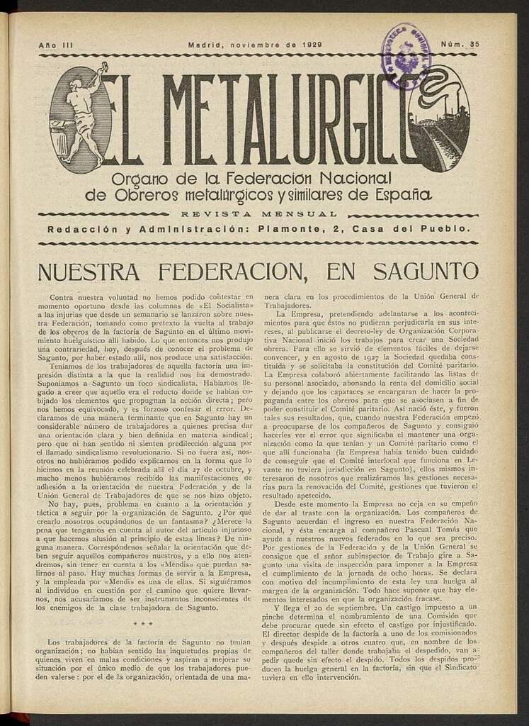 Miniatura de El Metalúrgico de noviembre de 1929, nº 35