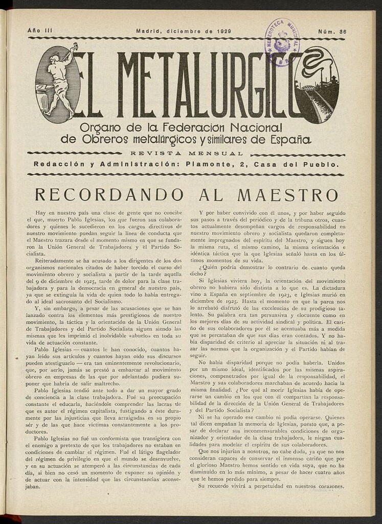 Miniatura de El Metalúrgico de diciembre de 1929, nº 36