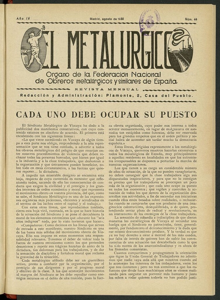 Miniatura de El Metalúrgico de agosto de 1930, nº 44