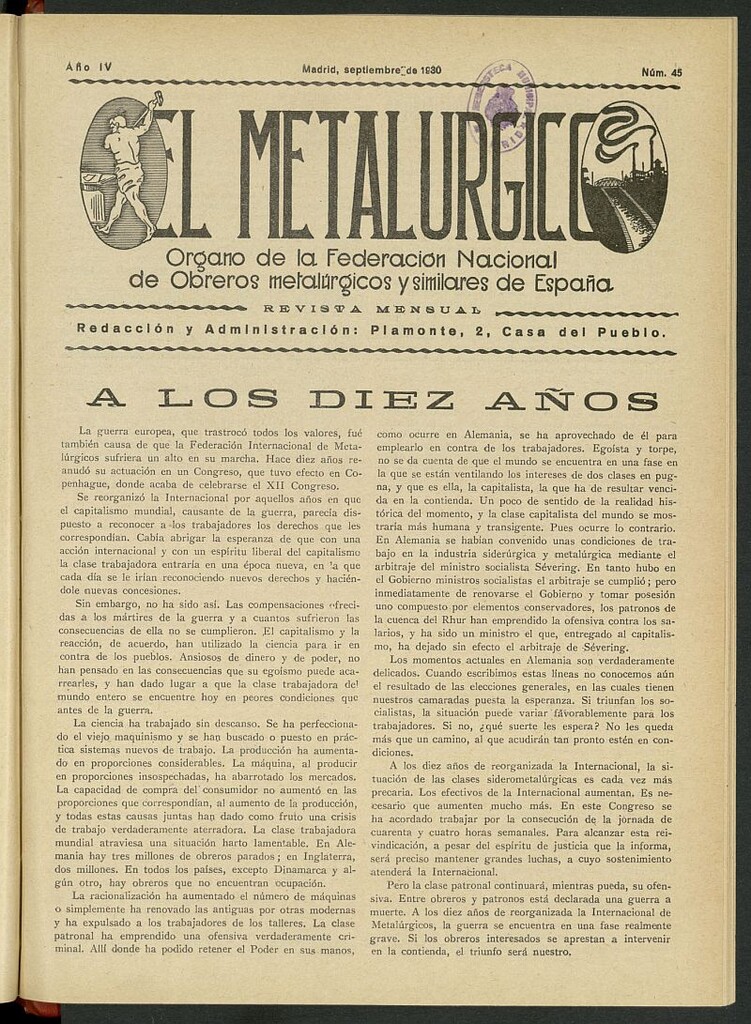 Miniatura de El Metalúrgico de septiembre de 1930, nº 45