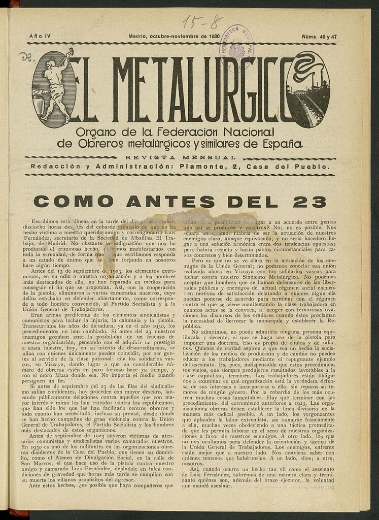 Miniatura de El Metalúrgico de octubre-noviembre de 1930, nº 46-47