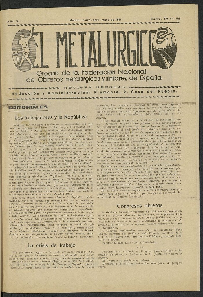 Miniatura de El Metalúrgico de marzo-Mayo de 1931, nº 50-51-52