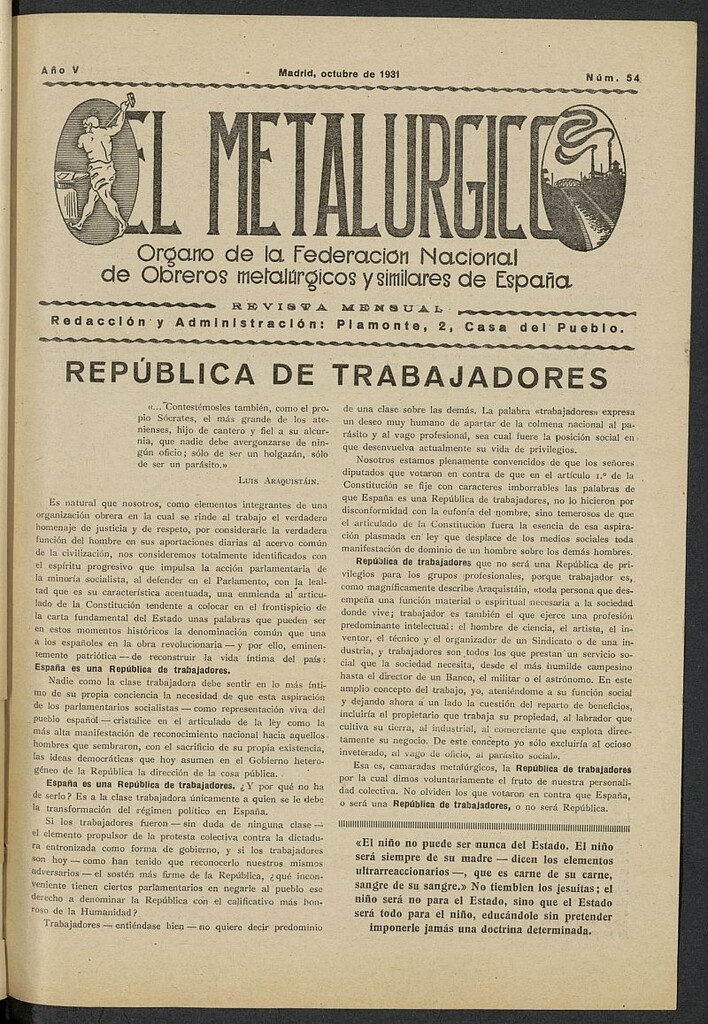 Miniatura de El Metalúrgico de octubre de 1931, nº 54