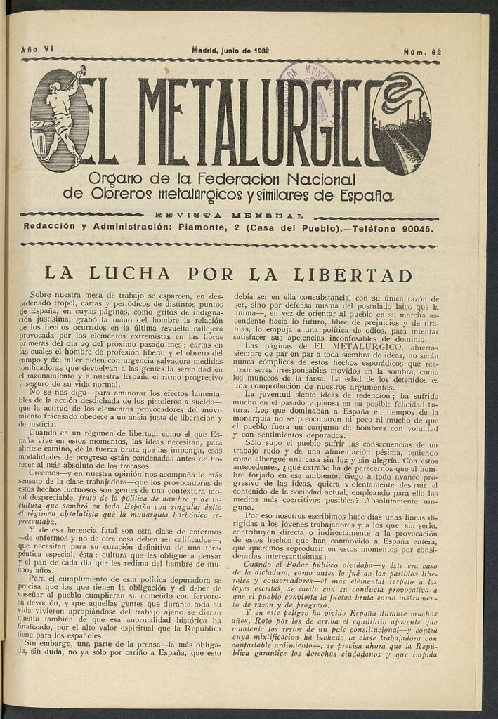 Miniatura de El Metalúrgico de Junio de 1932, nº 62