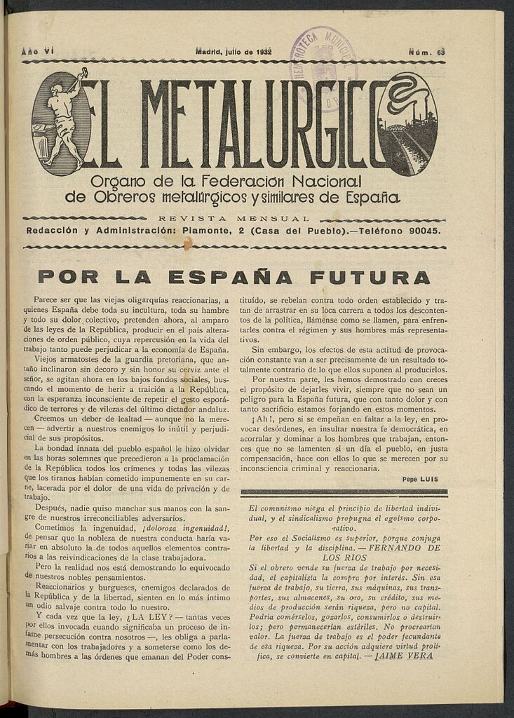Miniatura de El Metalúrgico de julio de 1932, nº 63