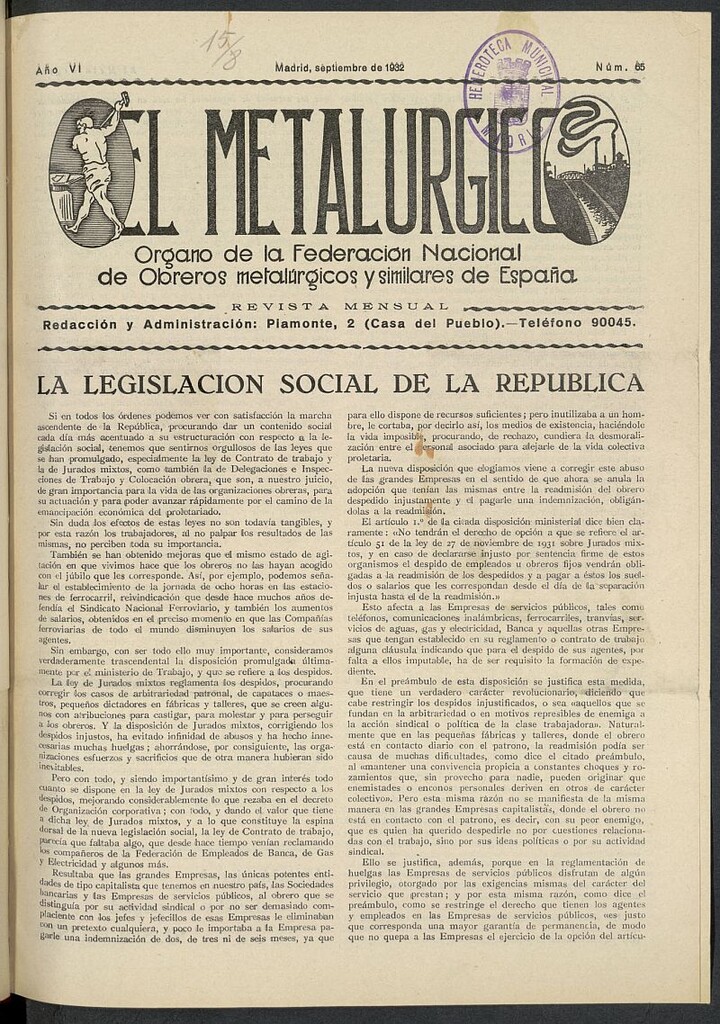 Miniatura de El Metalúrgico de septiembre de 1932, nº 65