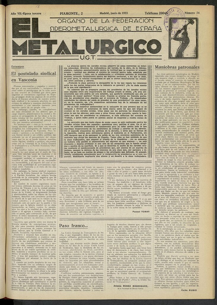 Miniatura de El Metalúrgico de Junio de 1933, nº 74