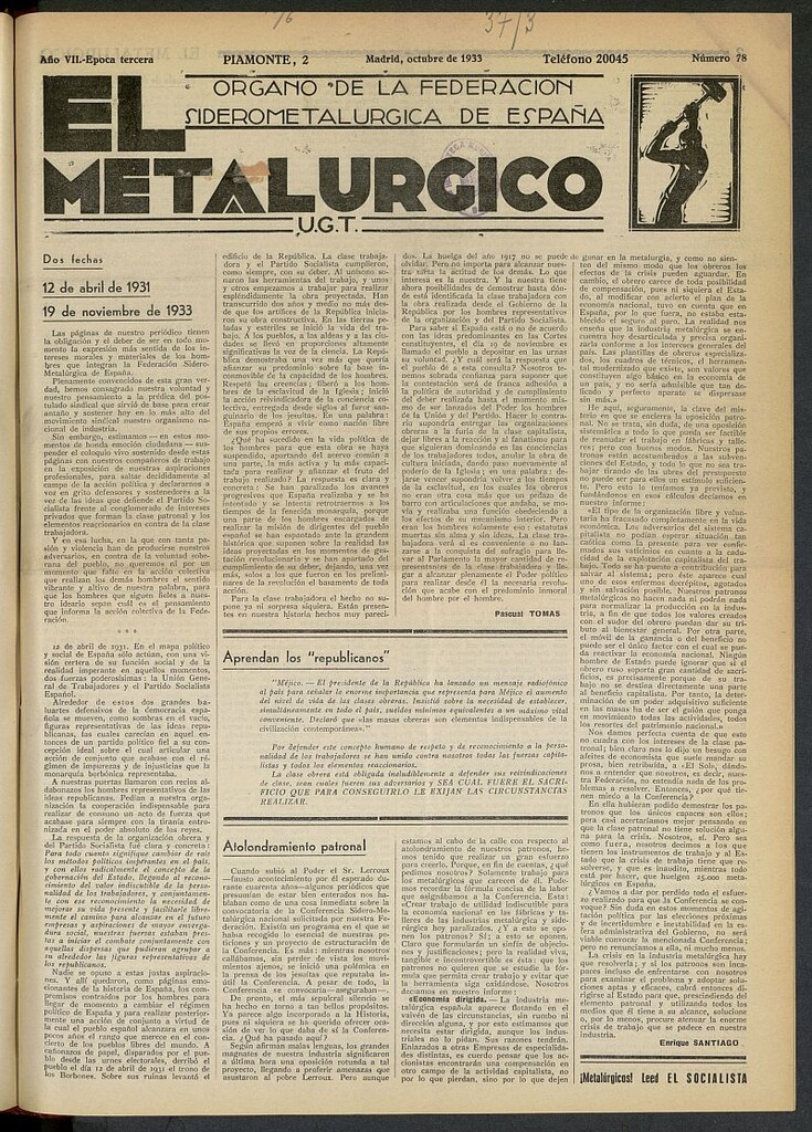 Miniatura de El Metalúrgico de octubre de 1933, nº 78