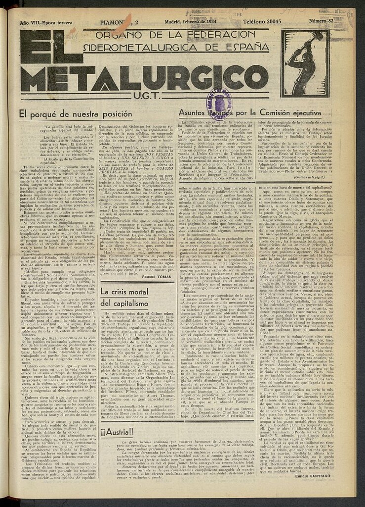 Miniatura de El Metalúrgico de febrero de 1934, nº 82