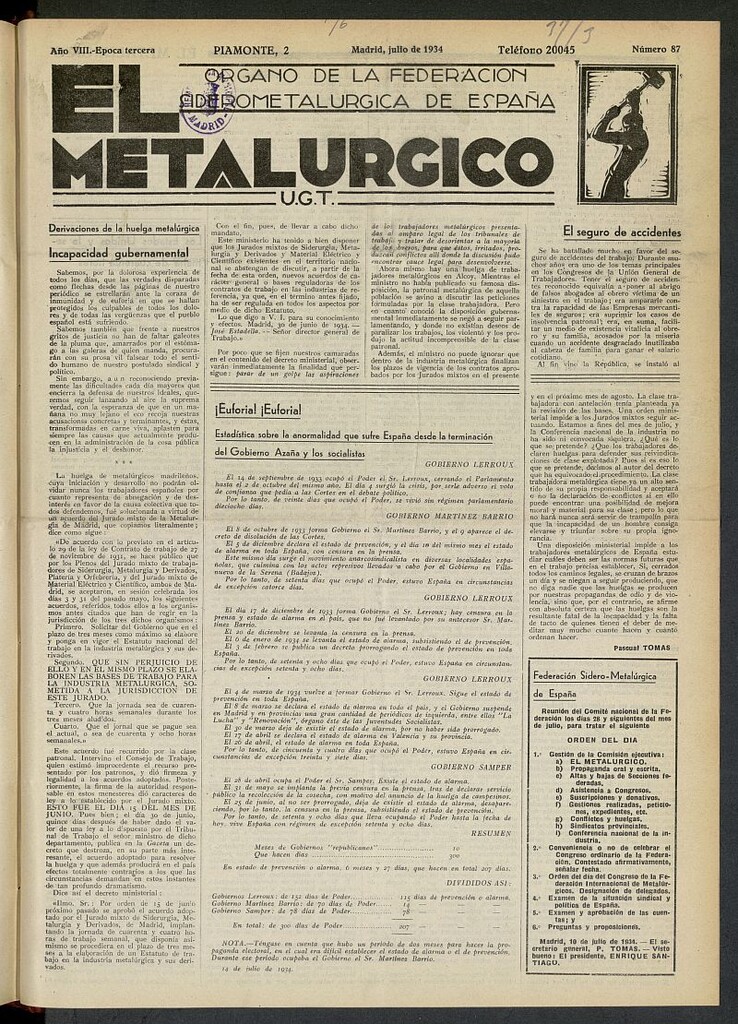 Miniatura de El Metalúrgico de julio de 1934, nº 87