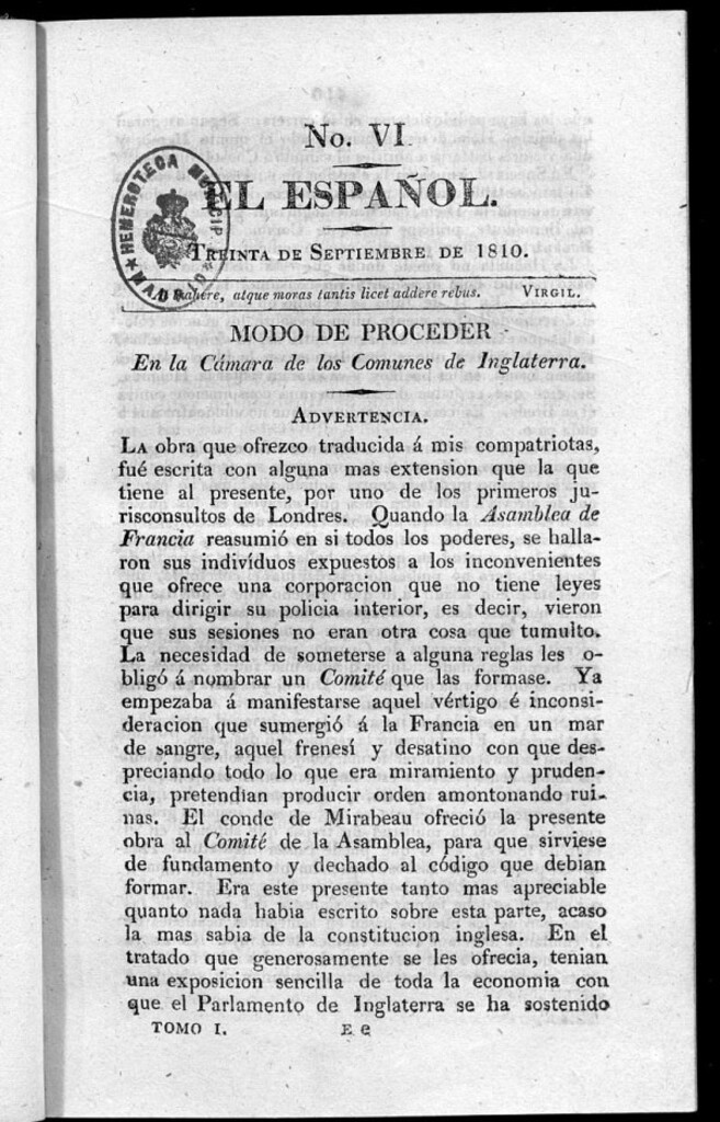 Miniatura de El Español. Nº VI, 30 de septiembre de 1810.