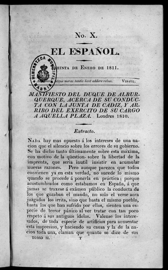 Miniatura de El Español. Nº X, 30 de enero de 1811.