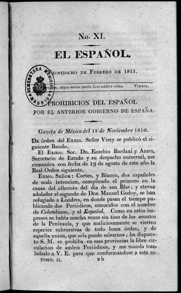 Miniatura de El Español. Nº XI, 28 de febrero de 1811.