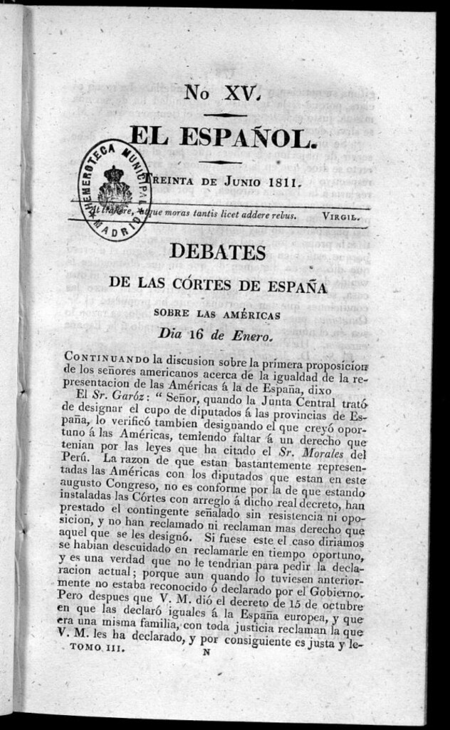 Miniatura de El Español. Nº XV, 30 de junio de 1811.