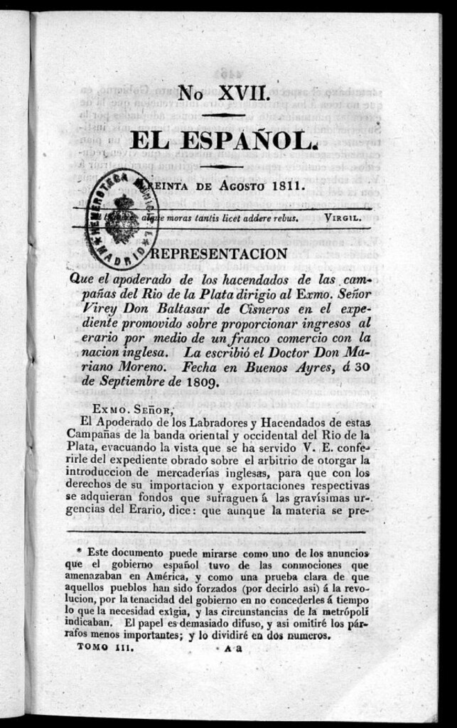 Miniatura de El Español. Nº XVII, 30 de agosto de 1811.